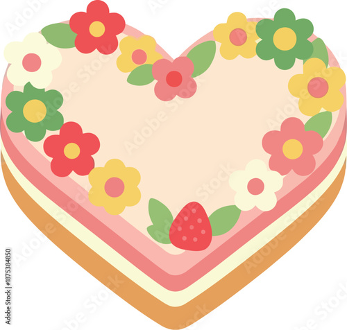 Valentine heart-shaped cake with floral decorations and strawberry, romantic dessert illustration