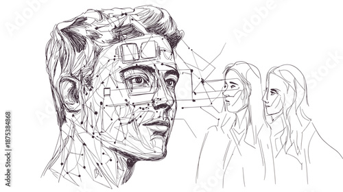 Detailed Facial Recognition Sketch of Man.