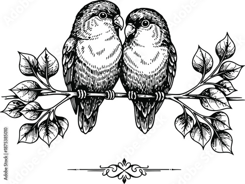 Two Lovebirds Perched on Branch with Leaves, Vintage Engraving Style