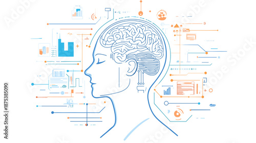 Human Head with Visible Brain and Data.