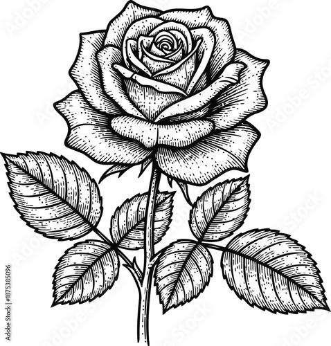 Vintage Rose Blossom" Engraved Illustration, Black and White botanical drawing, Romantic floral element