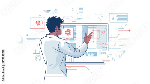 Man in lab coat interacting with digital interface.