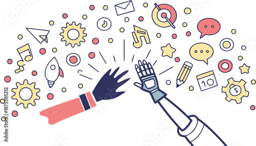 Illustration of Human and Robot Hands: A creative illustration highlighting collaboration between human and robot hands, surrounded by digital icons representing teamwork, communication.