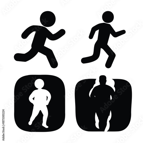 Set of diverse human activity icons, showcasing running, jogging, and standing postures