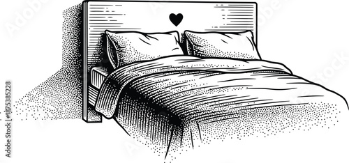 Bedroom Bed with Pillows and Blanket, Heart Headboard, Stippling Shadow, Vintage Illustration Style