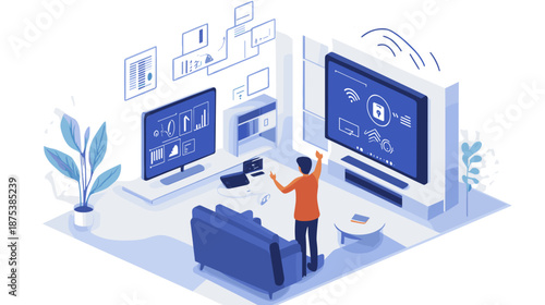 Man Interacting with Multiple Computer Screens.