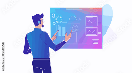 Man Interacting with Virtual Data Screen.