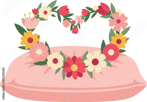 Valentine floral heart wreath on pink pillow, romantic vector illustration for love and wedding designs