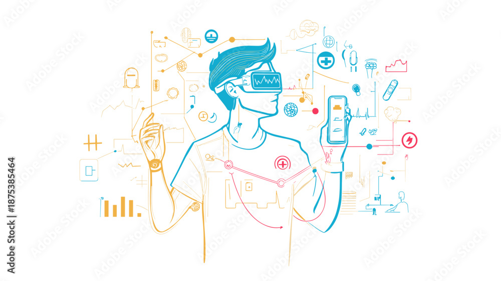 Fototapeta premium Man Wearing Virtual Reality Headset Interacting 1.