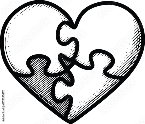 Heart Puzzle Pieces Interlocking Sketch Drawing Love Connection Romance