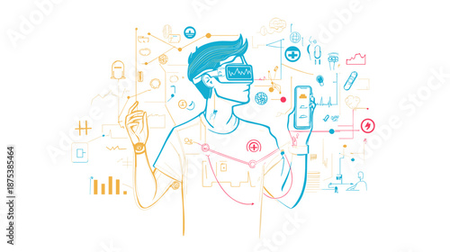 Man Wearing Virtual Reality Headset Interacting 1.