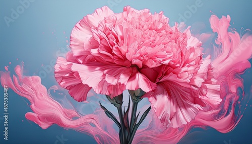 a pink carnation flower in a vase with pink ink swirling around it against a light blue background creates a dreamy floral art piece