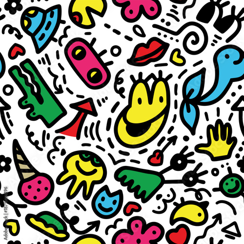 Line art seamless pattern, modern pattern, black and white pattern, doodle art, doodle pattern. Funy pattern for kids and teenagers