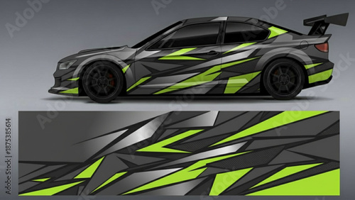 Side view of a modern sports car with a dynamic, abstract, geometric vinyl wrap design in grey, black, and neon green.