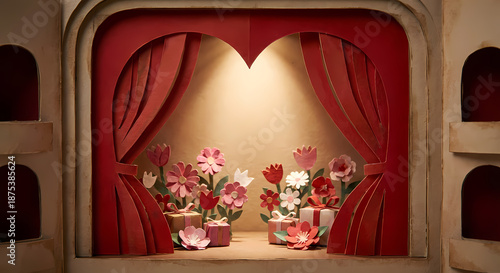 A heartwarming papercraft stage scene adorned with vibrant floral arrangements and beautifully wrapped gift boxes, perfect for celebrating love and special moments