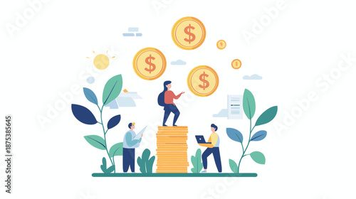People Standing Near Dollar Coins Illustration.