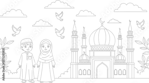 Couple standing in front of mosque with birds flying