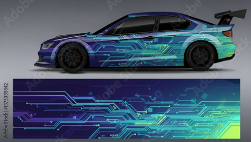 Side view of a modern sports sedan with a vibrant, futuristic circuit board graphic wrap design.