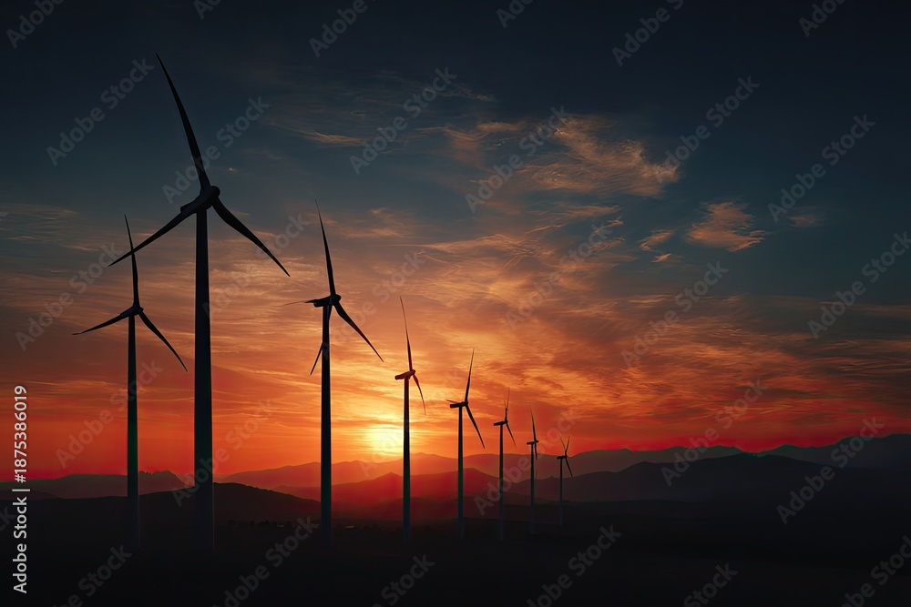 Fototapeta premium Silhouetted wind turbines against a vibrant sunset over a mountainous horizon