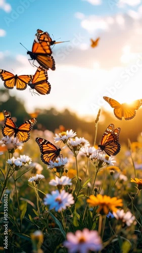 Monarch butterflies flying above blooming flowers in a meadow at sunset, peaceful, colorful, sunny, vibrant field, floral scenery, summer landscape