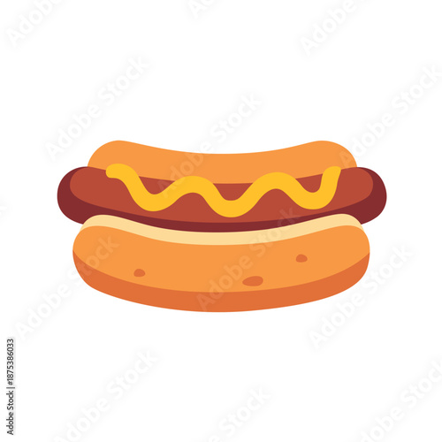 Hot dog sausage with mustard in bun, colorful icon, flat style vector illustration