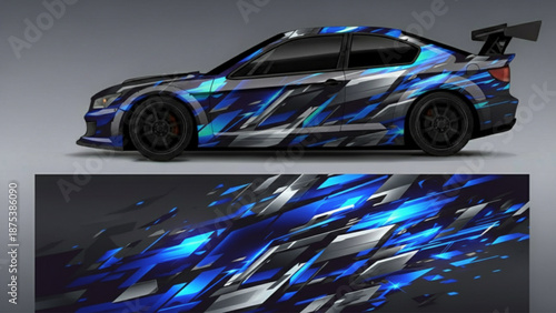 A blue and silver abstract geometric racing car wrap design.