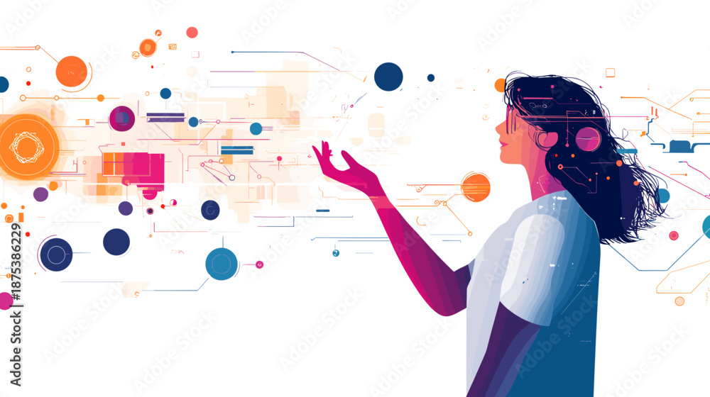 Obraz premium Woman Interacting with Virtual Interface Elements.