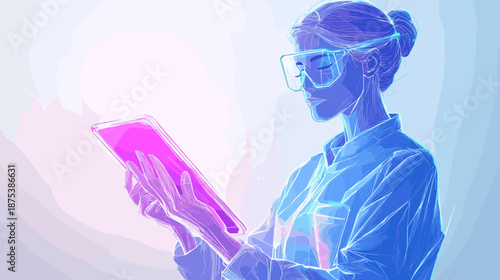 Woman Wearing Virtual Reality Glasses Interacting.