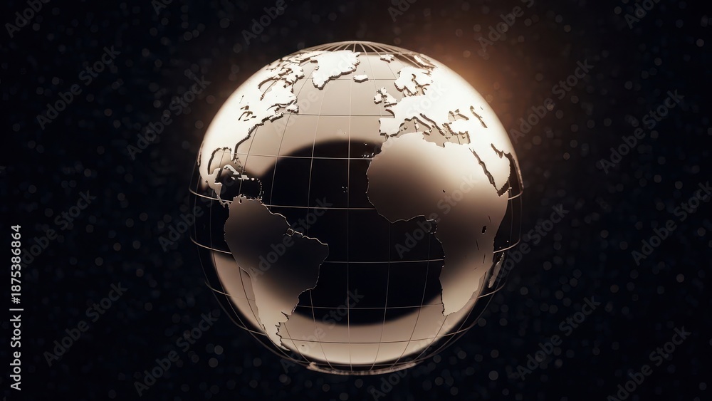 Fototapeta premium 3D Render of Glossy Earth Globe with Metallic Finish and Stars
