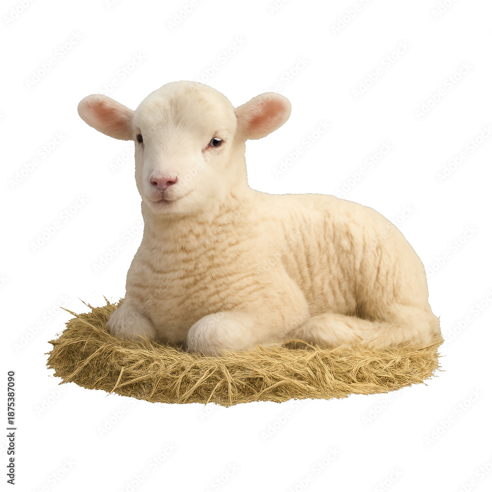 Fototapeta premium PNG Cute lamb resting hay