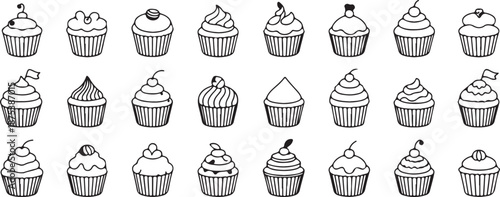 Collection of individual cupcakes with various frosting and toppings in black line art on transparent background
