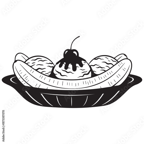 Black and white illustration of banana split with ice cream