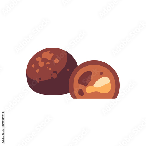 Chocolate truffles round candies with filling, colorful icon, flat style vector illustration
