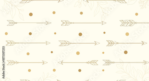 Elegant seamless pattern with gold arrows dots and leaves on a cream background creating a modern