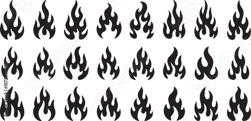 Set of various black vector silhouettes depicting stylized flames bonfires and heat emblems for warning signs energy concepts or tattoo artwork