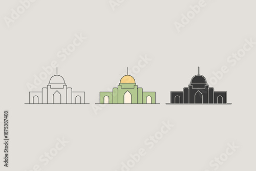 Mosque illustration with three different styles. A minimalist yet majestic mosque with olive green color and a yellow dome, vector illustration.