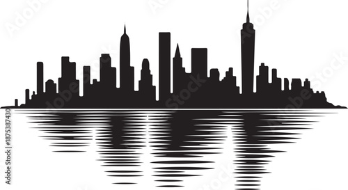 Modern cityscape black silhouette vector illustration showing urban panorama of tall buildings reflecting on still water surface below