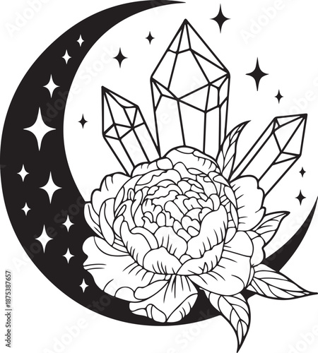 Crescent moon with peony flower and quartz crystals celestial magic witchcraft illustration mystical starry night sky silhouette
