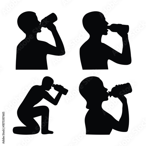 People drinking water from a bottle in various poses silhouette set for hydration concept