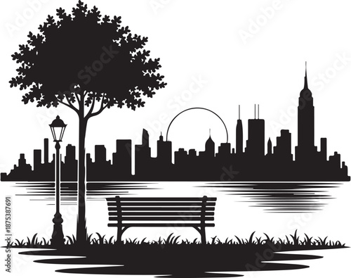 Silhouette of city skyline across water with park bench tree and lamp post on foreground bank