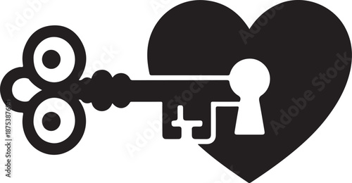 Heart silhouette with vintage keyhole and ornate skeleton key concept for love security romance and unlocking secrets illustration