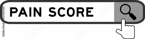 Search banner in word pain score with hand over magnifier icon on white background