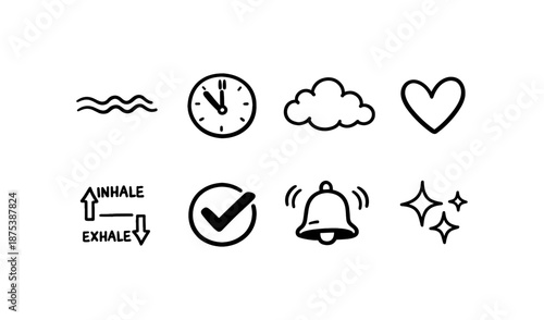 Collection of simple hand-drawn icons representing various concepts like breathing, time, and emotions