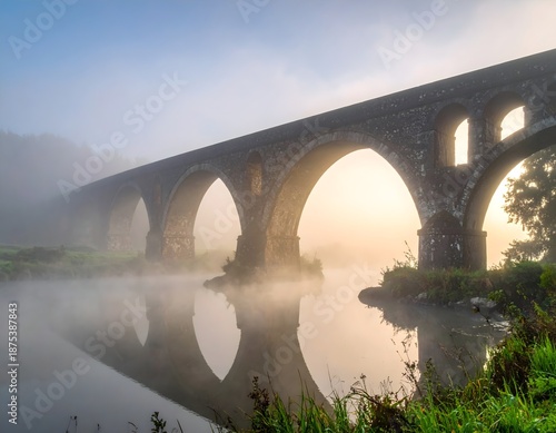 Ancient stone bridge over misty river in foggy morning with medieval architecture in European countryside