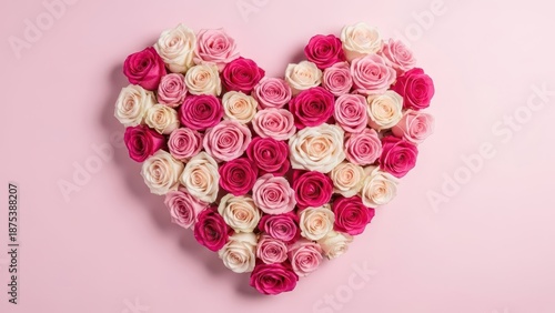 Pink Roses arranged in a heart shape on pink background, banner, landscape, Valentine's Day love theme with copy space