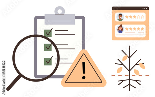 Quality assurance, risk evaluation, customer feedback, process analysis, environmental sustainability, decision-making concept. A checklist with checks, warning triangle, user ratings and dry tree
