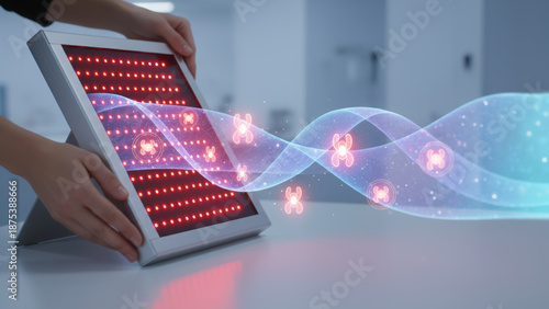 Red light therapy device with glowing wave and molecular icons illustrating technology and longevity benefits for health and wellness treatment