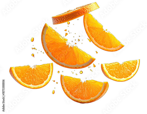 Sliced orange fruit segments with juice droplets, arranged against a stark black background