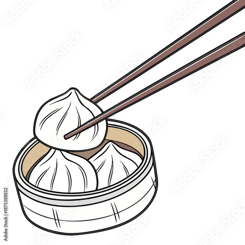 The chopsticks are picking up a steamed bun.