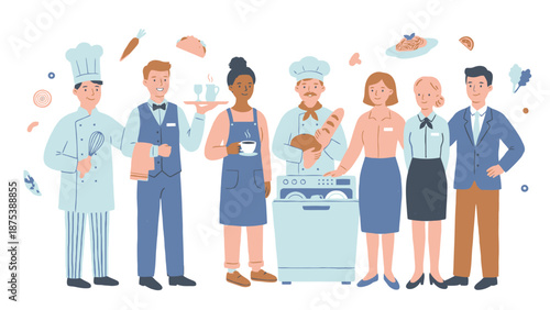 Diverse Food Service Professionals Team Illustration. Restaurant Staff, Chefs, Waiters, and Managers isolated on white background.